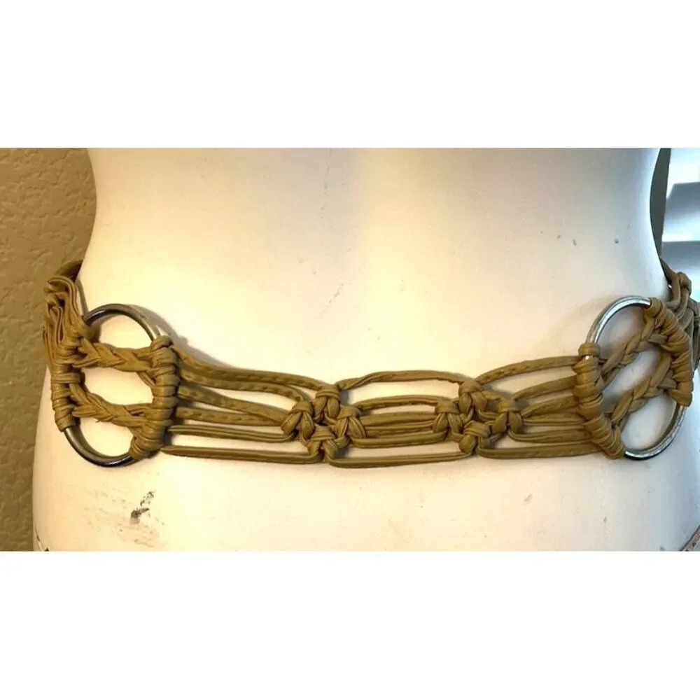 Tan Faux Leather Knotted Rope Waist Belt Round Silver Metal Rings Long Strands